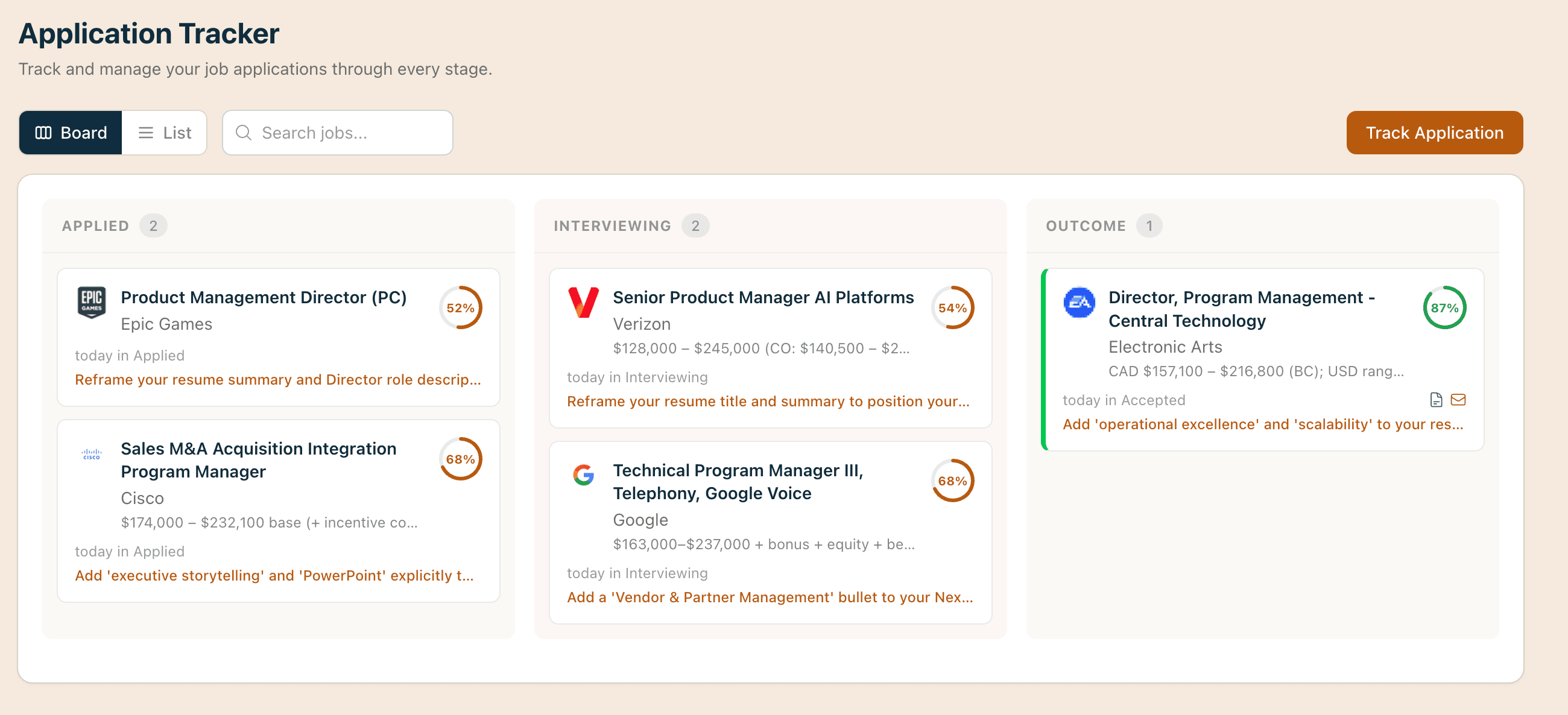 Application tracking Kanban board showing jobs organized by status from analyzed through interviewing to accepted