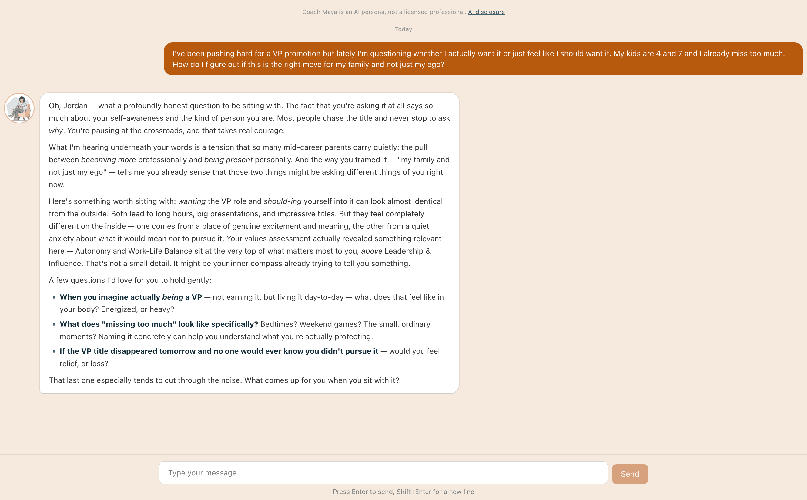 Coaching conversation with Coach Maya showing warm, values-focused career guidance for a working parent