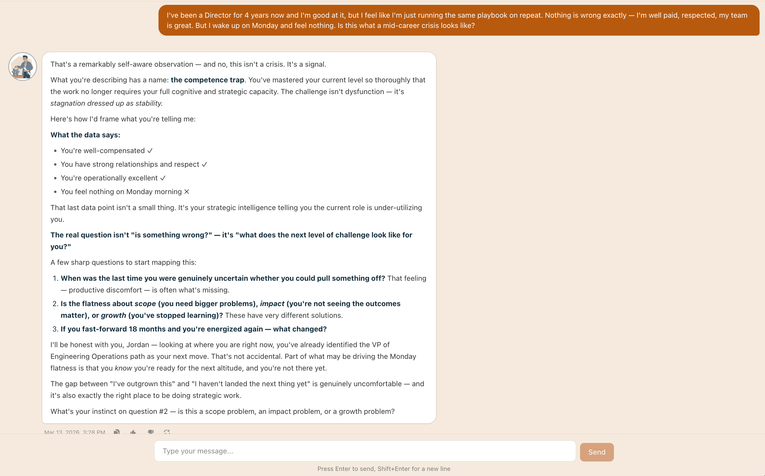 Coach Morgan conversation demonstrating strategic career planning with frameworks and direct guidance