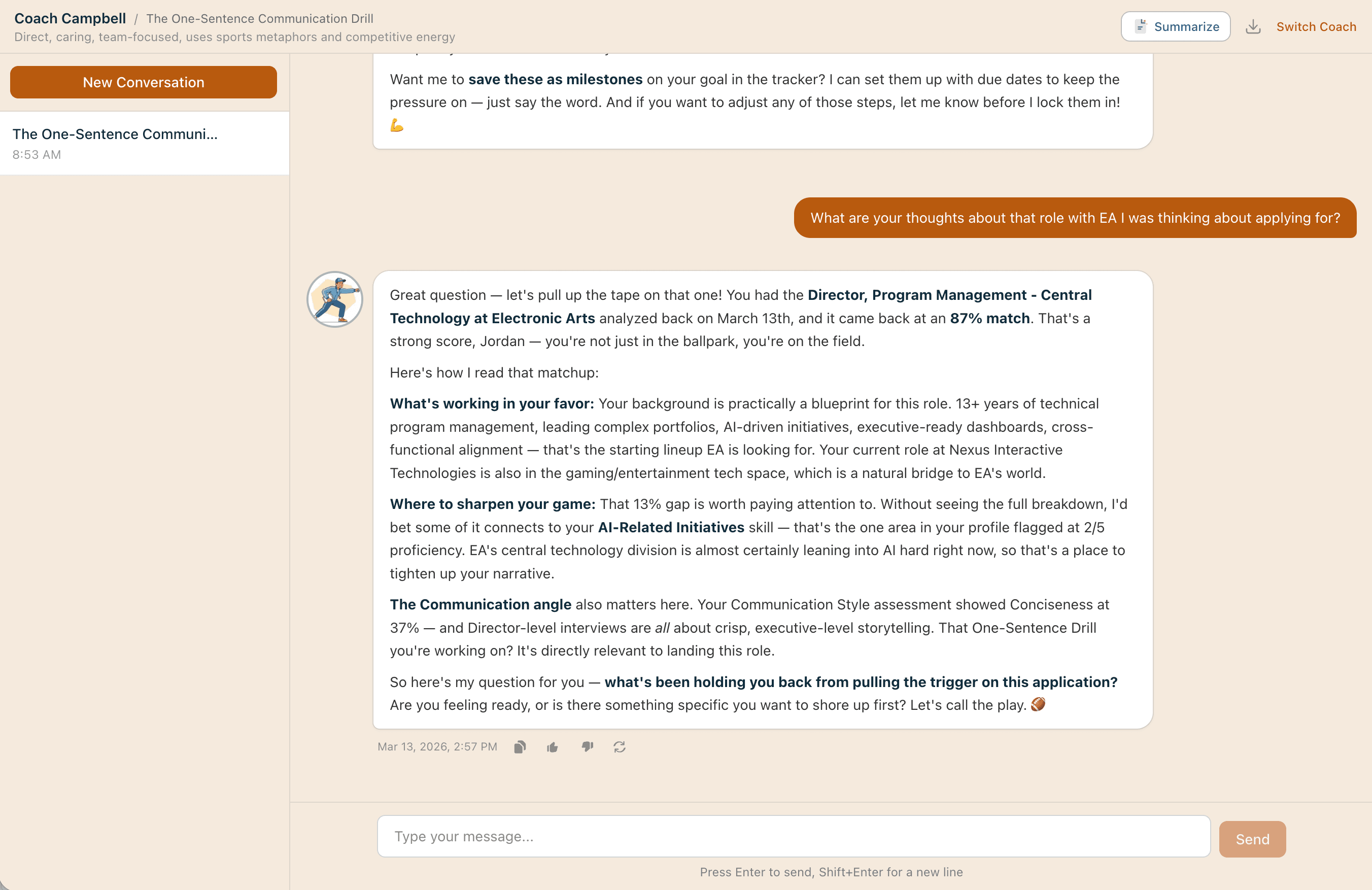 AI coaching conversation showing a personalized career discussion with context-aware responses