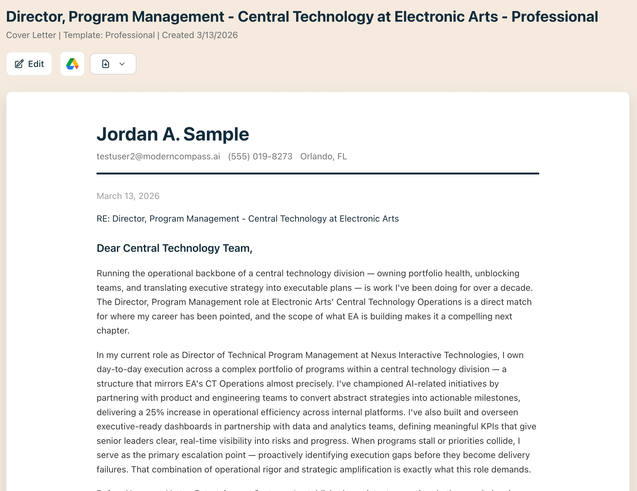 AI-generated cover letter preview showing personalized paragraphs tailored to a specific job description