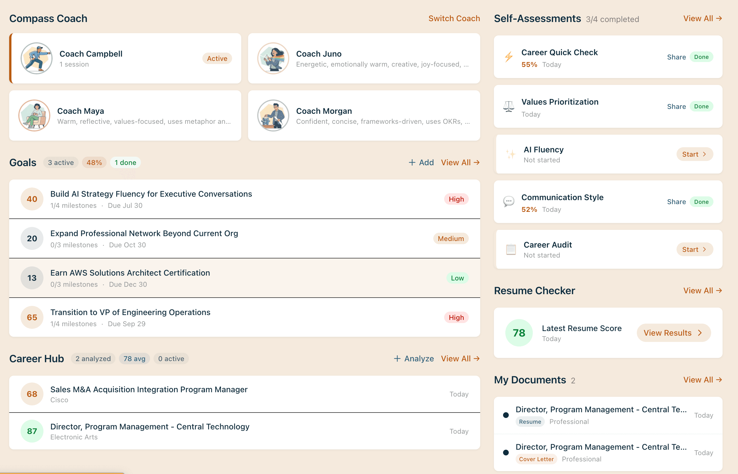 Modern Compass dashboard showing coaching conversations, active goals with progress tracking, and job search overview