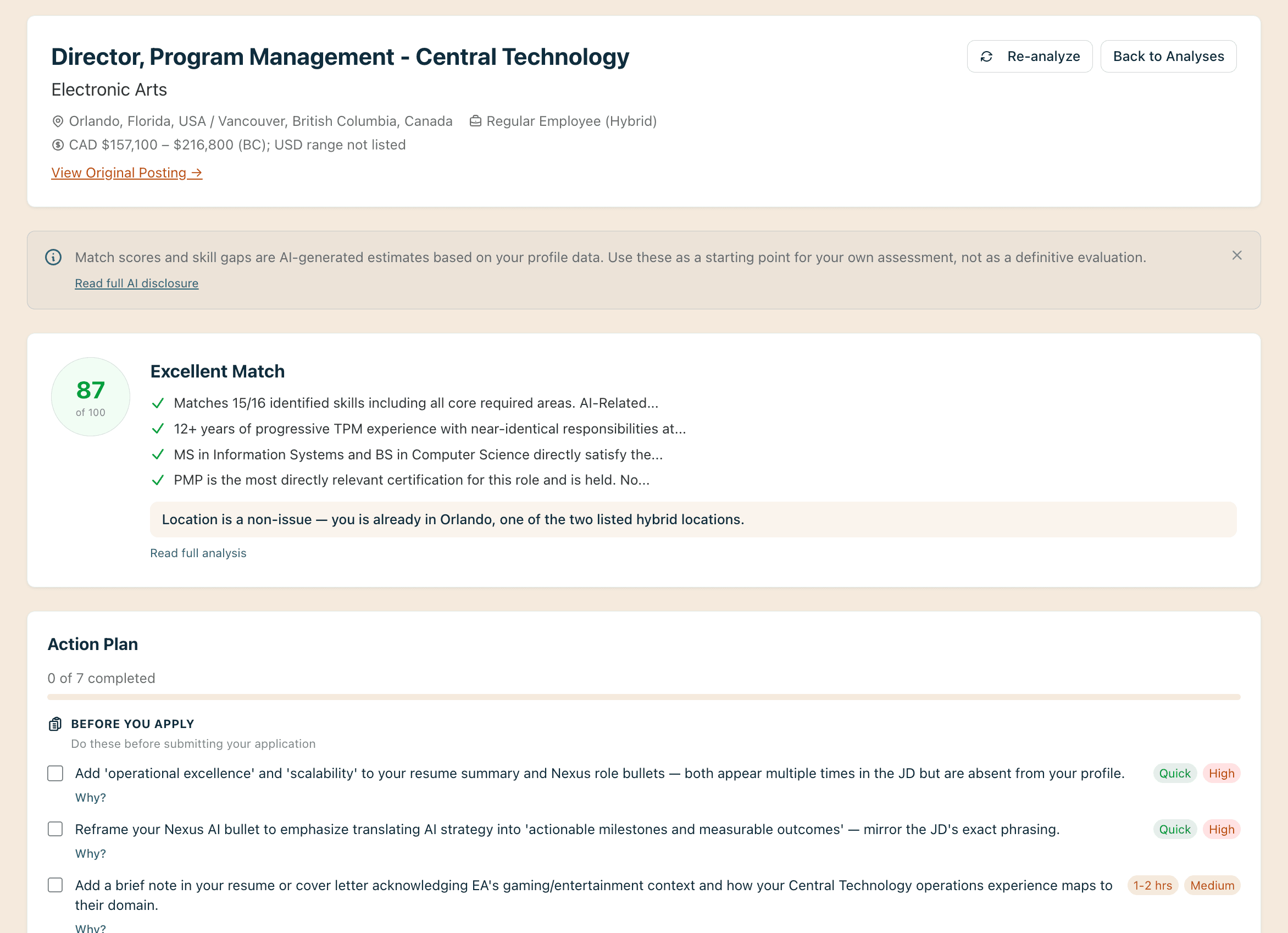 Job description analysis showing skills extraction, experience assessment, candidate requirements, and culture signals