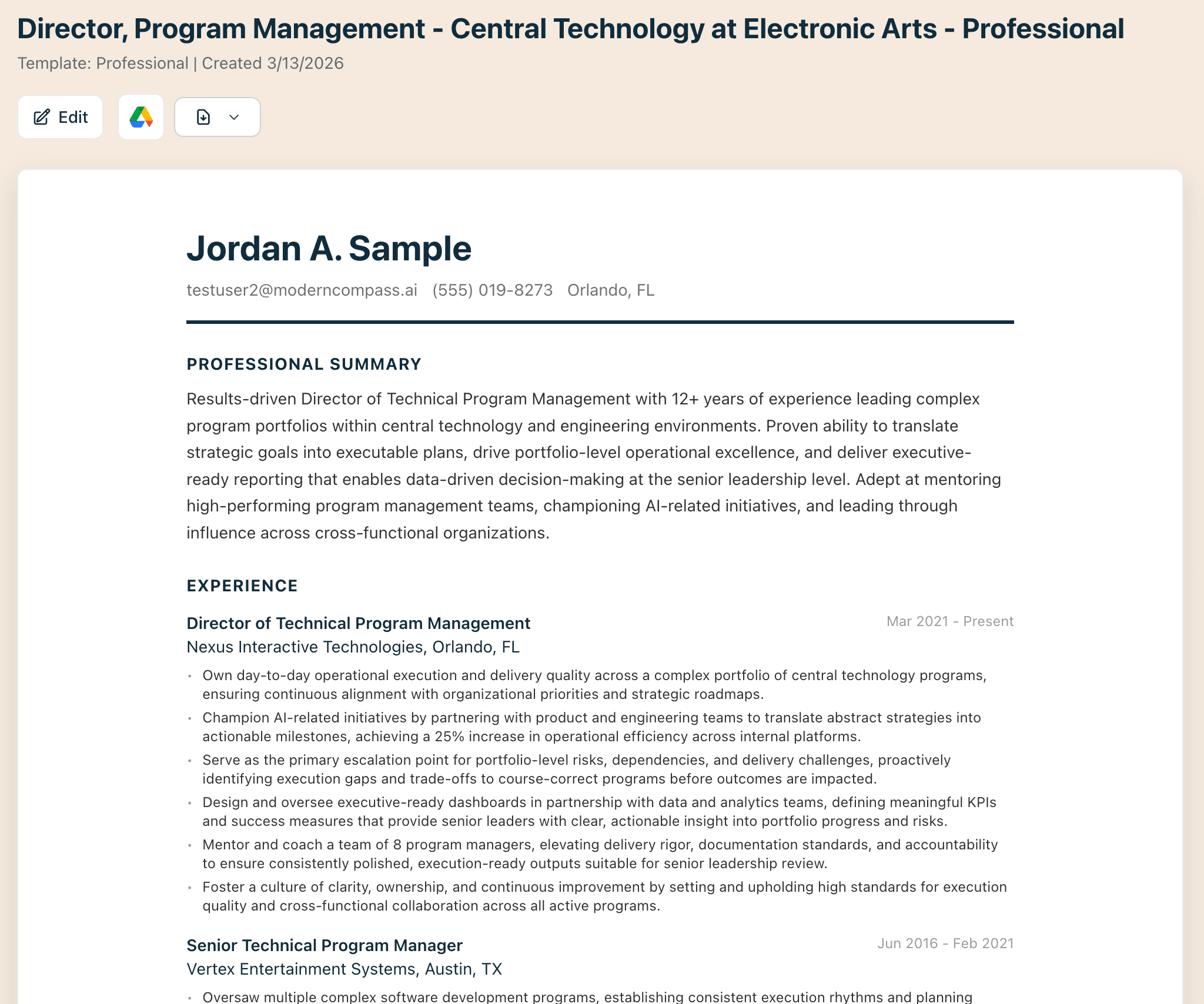 AI-generated resume preview showing a tailored Professional template with job-specific content