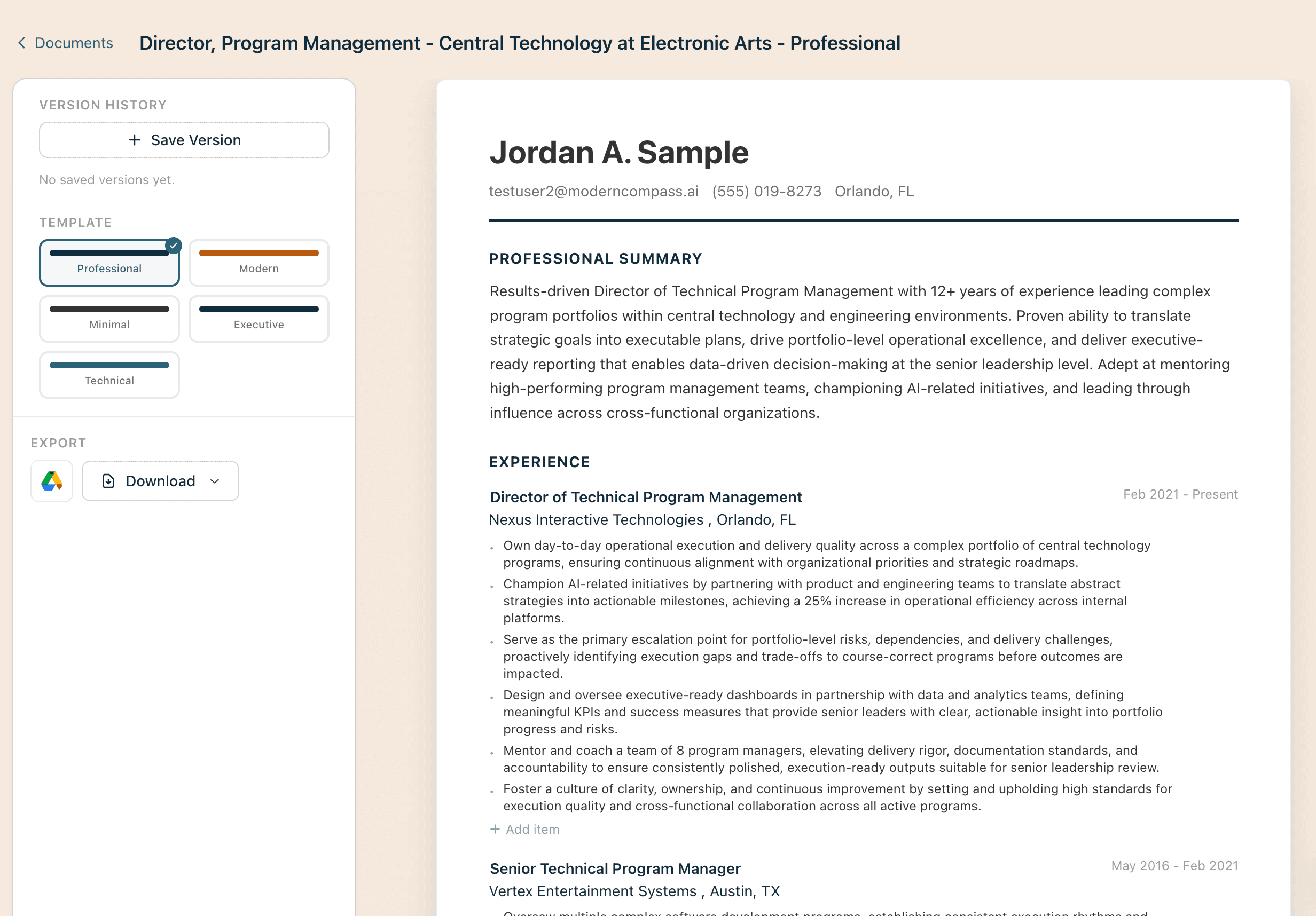 Split-screen document editor with sidebar navigation, version history, and inline resume editing