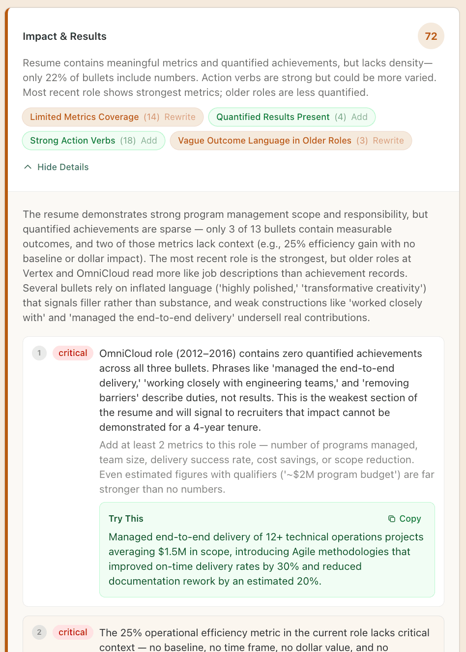 Deep-dive analysis panel showing detailed findings with severity ratings and specific rewrite suggestions