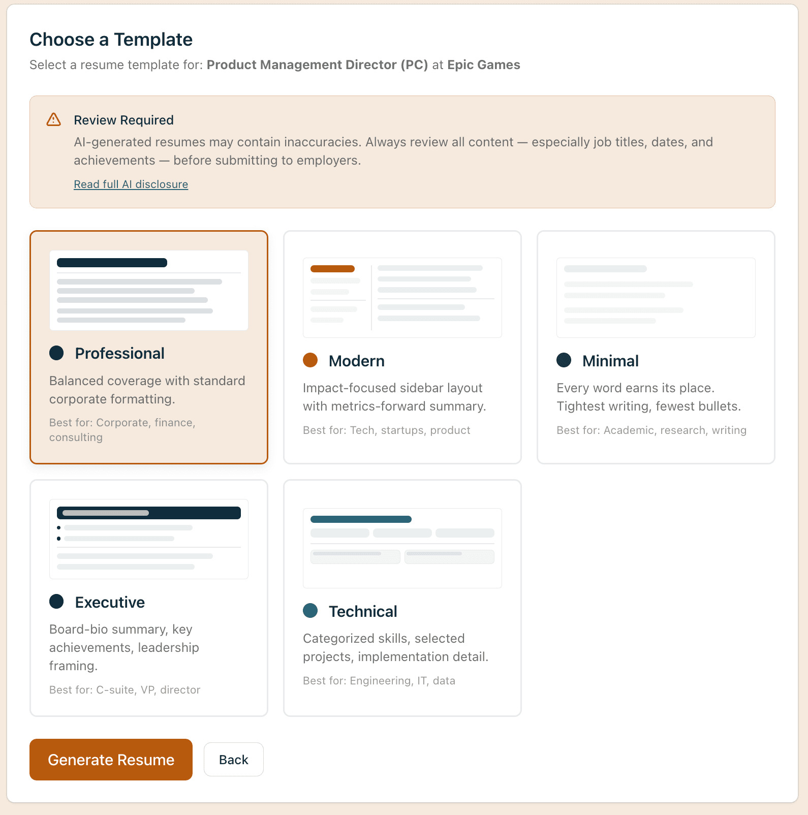 Template selection grid showing 5 ATS-compatible resume templates with different content strategies