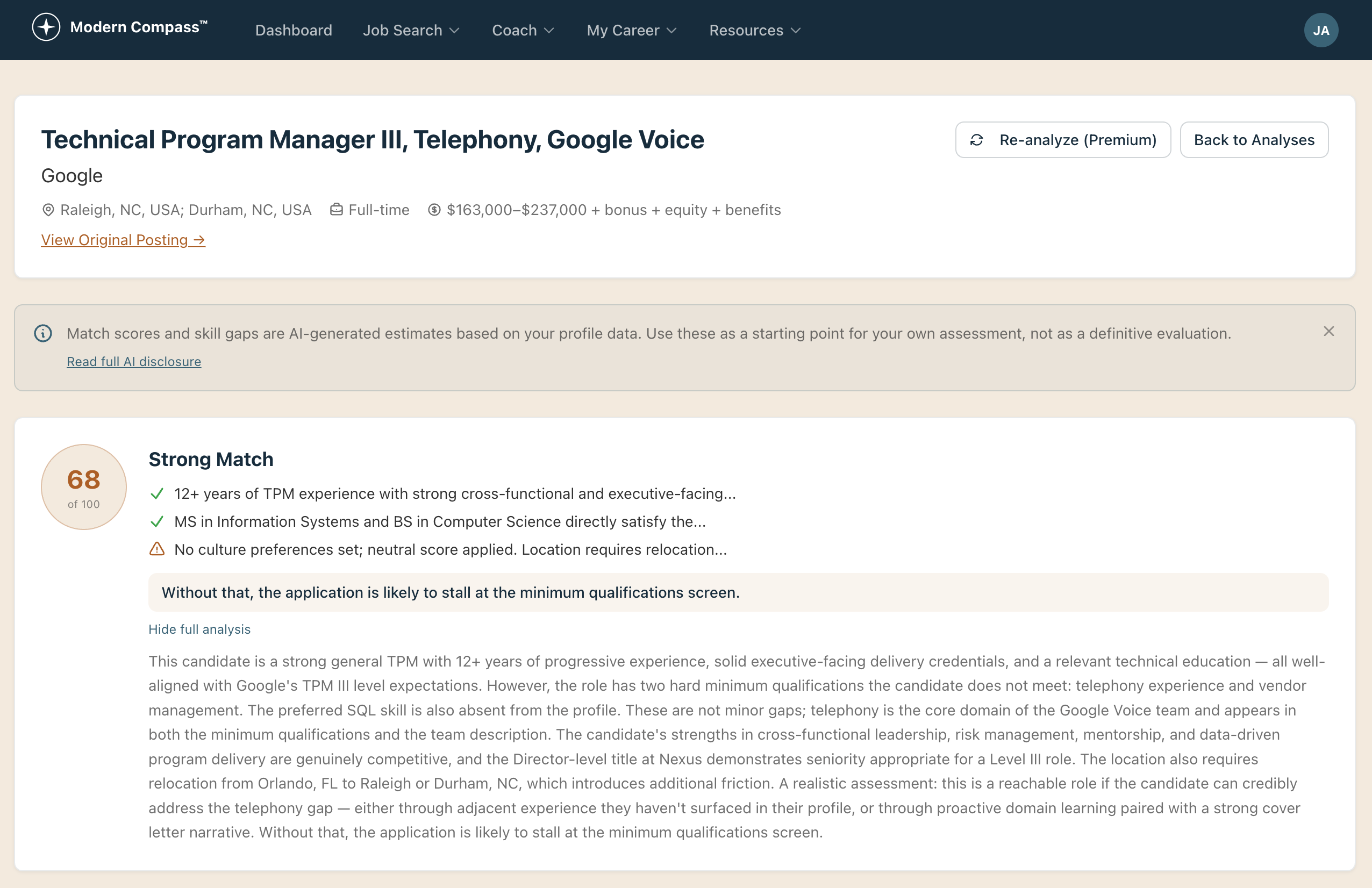 Modern Compass Job Analysis tool showing a Google Technical Program Manager role analyzed into match score, key qualifications, and a full narrative fit assessment